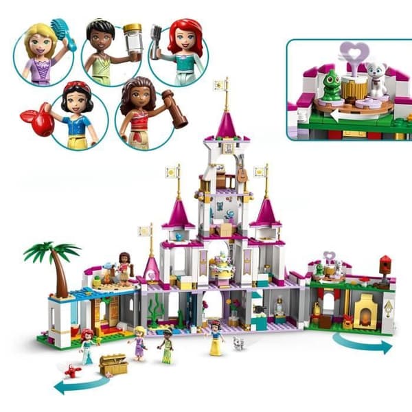 LEGO 43205 Disney Princess Epic Adventures in the Castle, Ariel, Moana och Rapunzel Leksak, Djurfigurer, Barn från 6 år