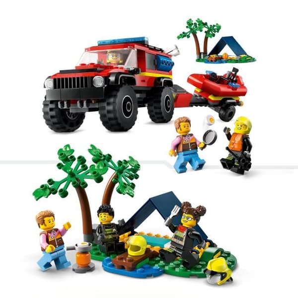 LEGO 60412 City 4x4 brandbil och livbåt, leksak med båt, släp och minifigurer