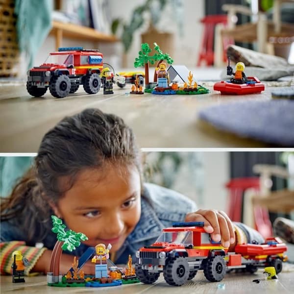 LEGO 60412 City 4x4 brandbil och livbåt, leksak med båt, släp och minifigurer