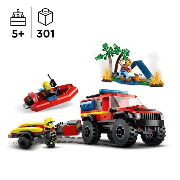LEGO 60412 City 4x4 brandbil och livbåt, leksak med båt, släp och minifigurer