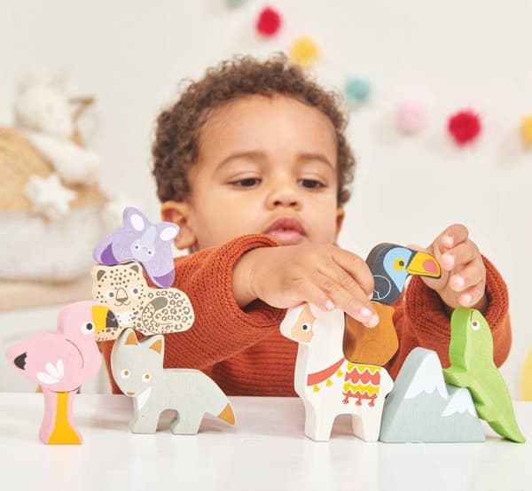 Träleksak - LE TOY VAN - Andes Stacker Tower &amp; Bag - Flerfärgad - Baby - 8 bergsdjur