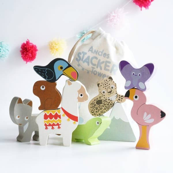 Träleksak - LE TOY VAN - Andes Stacker Tower &amp; Bag - Flerfärgad - Baby - 8 bergsdjur