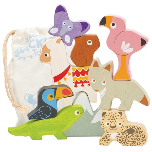 Träleksak - LE TOY VAN - Andes Stacker Tower &amp; Bag - Flerfärgad - Baby - 8 bergsdjur