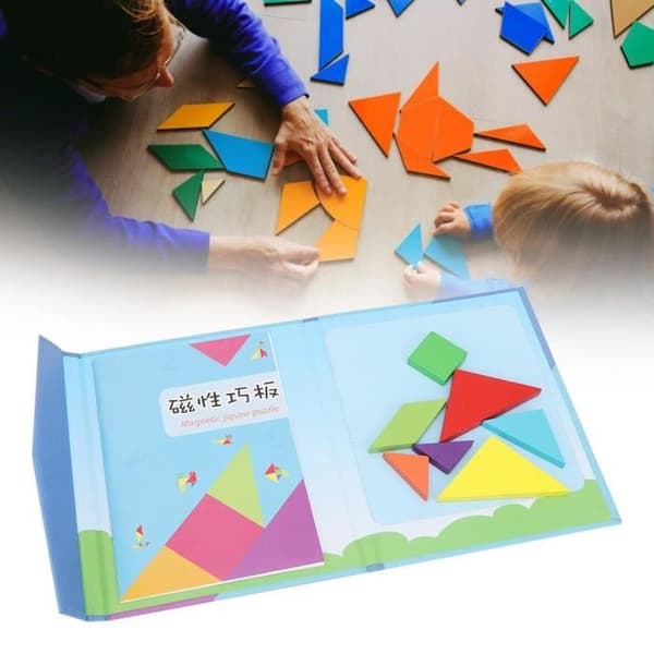 Magnetiska Tangram Pussel byggstenar Trä pedagogiska spel