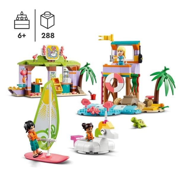 LEGO 41710 Friends Animation och surfing på stranden, leksak med enhörning och sköldpaddsboj, räddningsminifigur, pojkar och flickor från 6 år