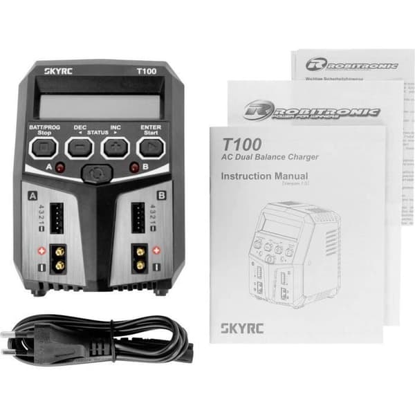 SKYRC T100 modellladdare 5.0 A blysyra, LiFePO, LiHV, Li-jon, Li-polymer, NiCd, NiMH Avstängning med timer, display