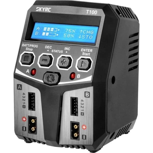 SKYRC T100 modellladdare 5.0 A blysyra, LiFePO, LiHV, Li-jon, Li-polymer, NiCd, NiMH Avstängning med timer, display