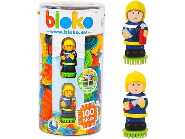 Rör med 100 Bloko-block och 2 3D-brandmanskaraktärer