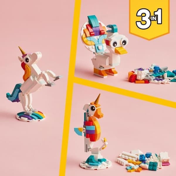 LEGO® Creator 3-i-1 31140 Den magiska enhörningen, sjöhäst och påfågelleksak, minifigurer av djur