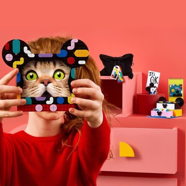 LEGO 41964 DOTS Creative Box Tillbaka till skolan Musse Pigg och Minnie Mouse, 6-i-1, förvaringslåda, fotoram, barn 6 år