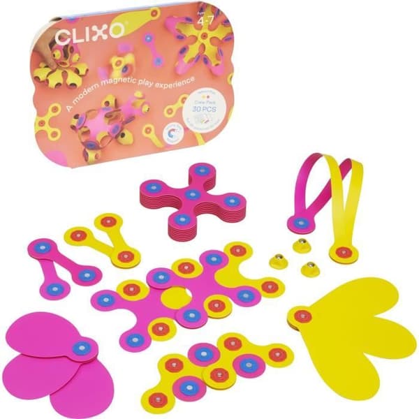 crew pack (rosa/gul) clixo - magnetiskt, flexibelt, hållbart och fantasifullt byggspel - 30 stycken - 4-åringar