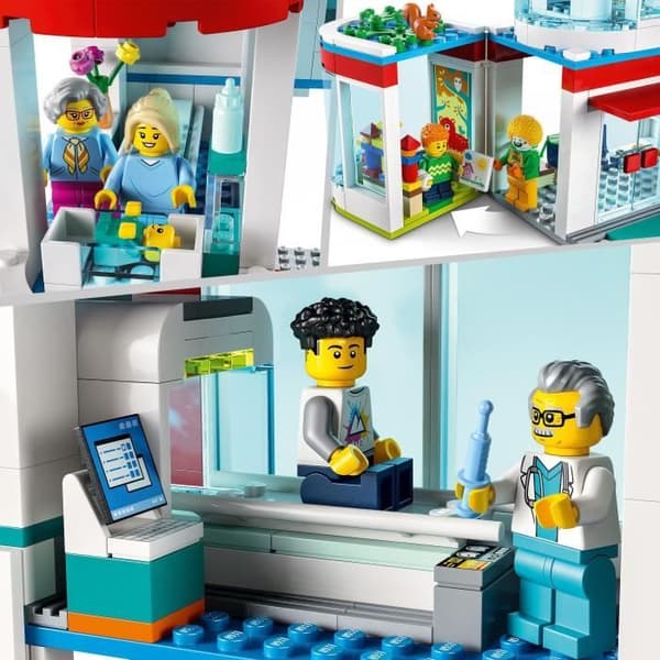LEGO 60330 stadssjukhus, ambulanslastbil och helikopterleksak med 12 minifigurer, vägskyltar, barn från 7 år och uppåt