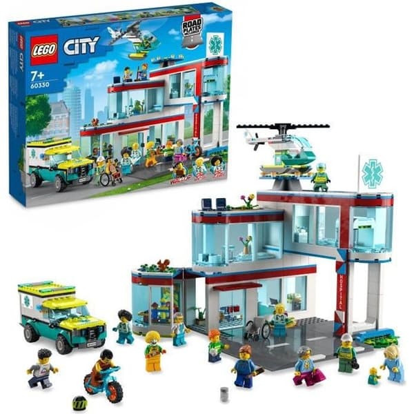 LEGO 60330 stadssjukhus, ambulanslastbil och helikopterleksak med 12 minifigurer, vägskyltar, barn från 7 år och uppåt