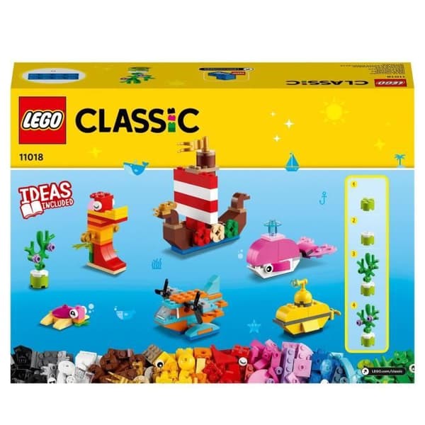 LEGO® 11018 klassiska kreativa spel i havet, låda med klossar, 6 miniatyrmodeller av båt, ubåt, val