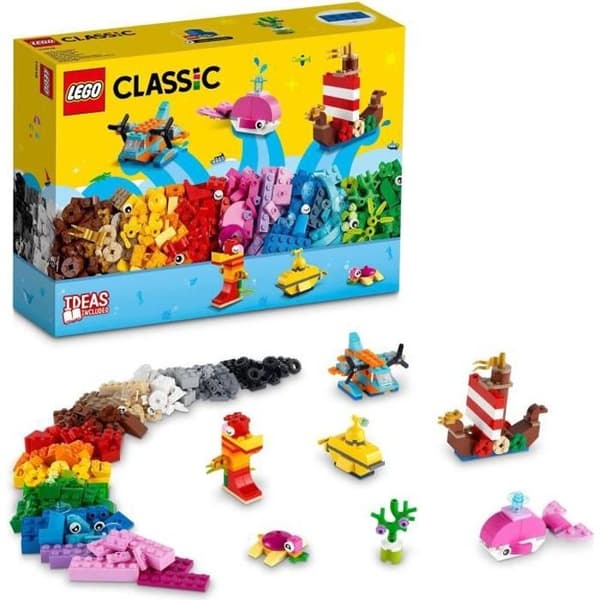 LEGO® 11018 klassiska kreativa spel i havet, låda med klossar, 6 miniatyrmodeller av båt, ubåt, val