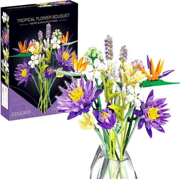 Byggsats Blomsterbukett med Blå Lotus - 891 delar, 13 Konstiga Blommor och Växter - Present för Vuxna Kvinnor