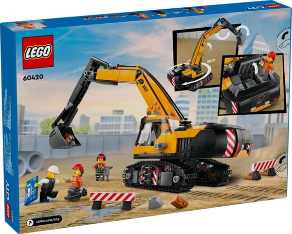 Lego City 60420 keltainen kaivinkone rakennusajoneuvo, jossa on pyörivä ohjaamo 3 figuuria