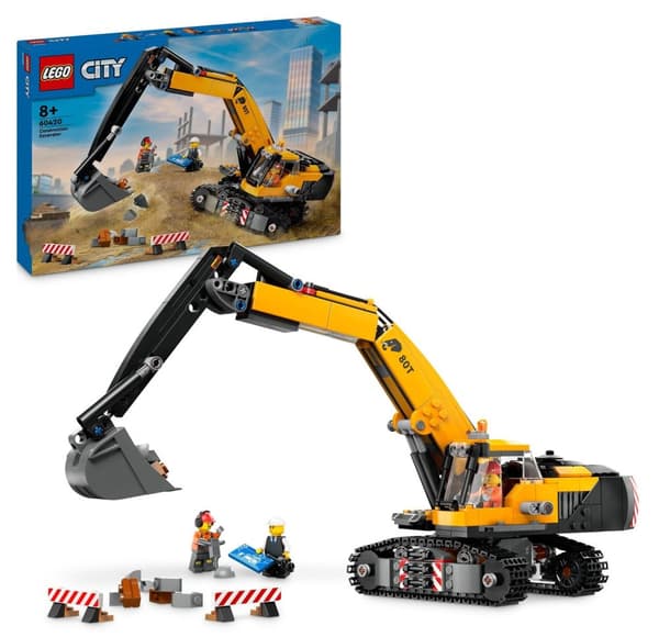 Lego City 60420 keltainen kaivinkone rakennusajoneuvo, jossa on pyörivä ohjaamo 3 figuuria