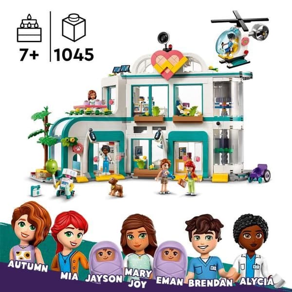 LEGO® 42621 Friends Heartlake City Hospital, leksak med helikopter och minifigurer inklusive hösten och en hund
