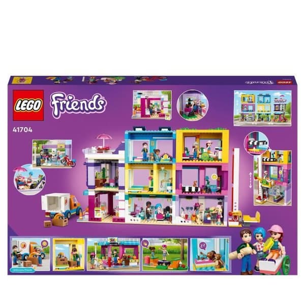 LEGO 41704 Friends High Street hyreshus, leksaksdockhus, frisör och café, med minidockor, barn 8 år