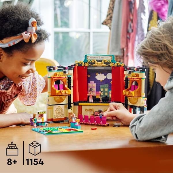LEGO 41714 Friends Andreas teaterskola, pedagogisk leksak, med tillbehör för minidockor, flickor och pojkar från 8 år och uppåt