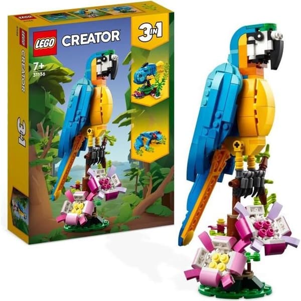 LEGO® Creator 3-i-1 31136 Den exotiska papegojan, minifigurer av djungeldjur, med groda och fisk