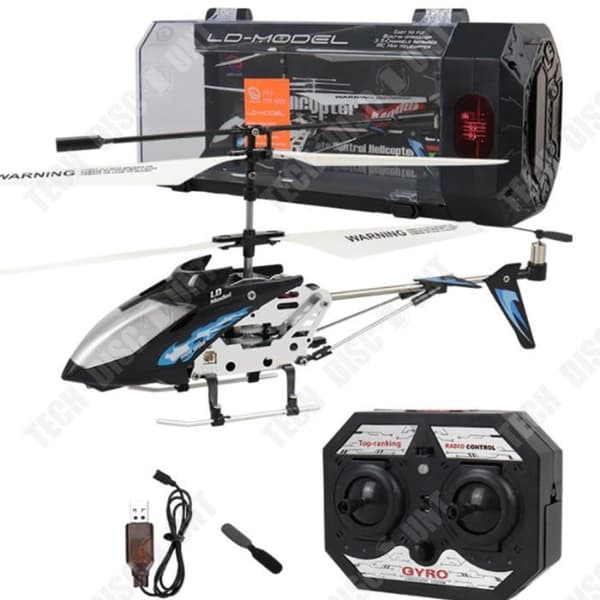 TD® Radiostyrt helikopter i svart metall med lätt last och hållbar leksak för barn som tål fall.