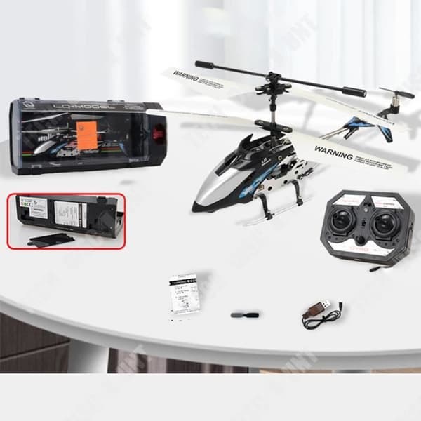 TD® Radiostyrt helikopter i svart metall med lätt last och hållbar leksak för barn som tål fall.