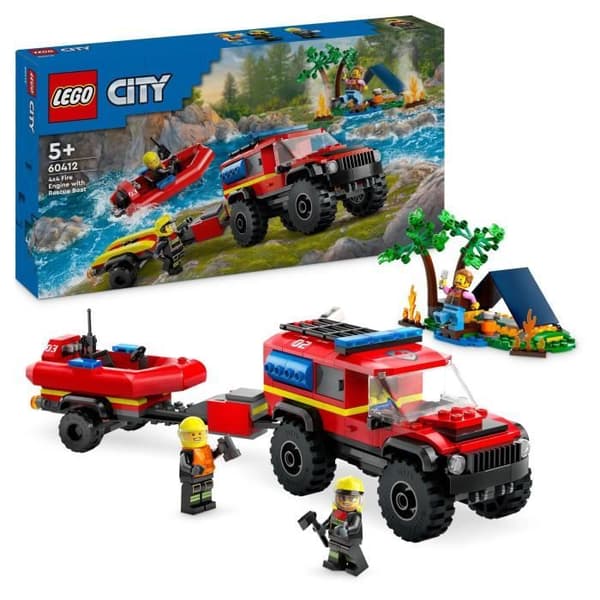 LEGO® 60412 City 4x4 brandbil och livbåt, leksak med båt, släp och minifigurer
