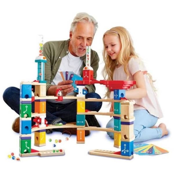 Hape - Circuit av träkulor Quadrilla Kit avancerad kodning - Kit 119 bitar, steg och virvel - Träbyggset för