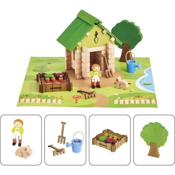 Trädgårdsmästarstugan 60 delar - JEUJURA - Naturligt träkonstruktionsspel, matta och tillbehör ingår, 22x18,5x8,5 cm