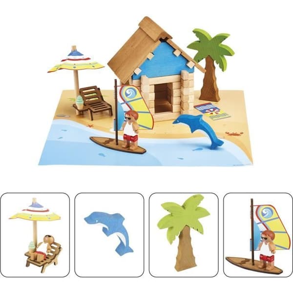 The Beach Hut 55 delar - JEUJURA - Naturligt träkonstruktionsspel, matta och tillbehör ingår, 22x18,5x8,5 cm