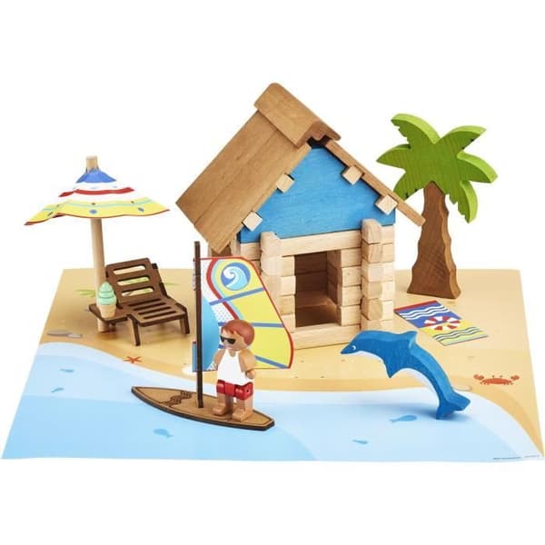The Beach Hut 55 delar - JEUJURA - Naturligt träkonstruktionsspel, matta och tillbehör ingår, 22x18,5x8,5 cm