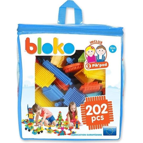Byggleksak - BLOKO - Bloko - 200 BLOKO och 2 figurer - Europeisk tillverkning - Från 12 månader