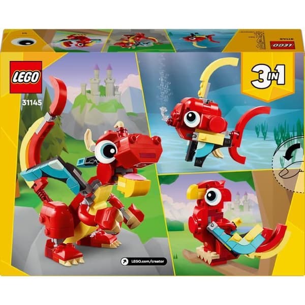 LEGO® 31145 Skapare 3i1 Den röda draken; Leksak med 3 djurfigurer, inklusive en röd drake, en fisk och en fenix