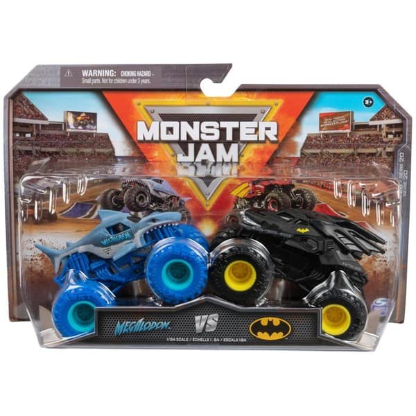Monster Jam - 6065293 - Set med 2 autentiska monstertruckar i skala 1:64 med Batmobil vs. Megalodon