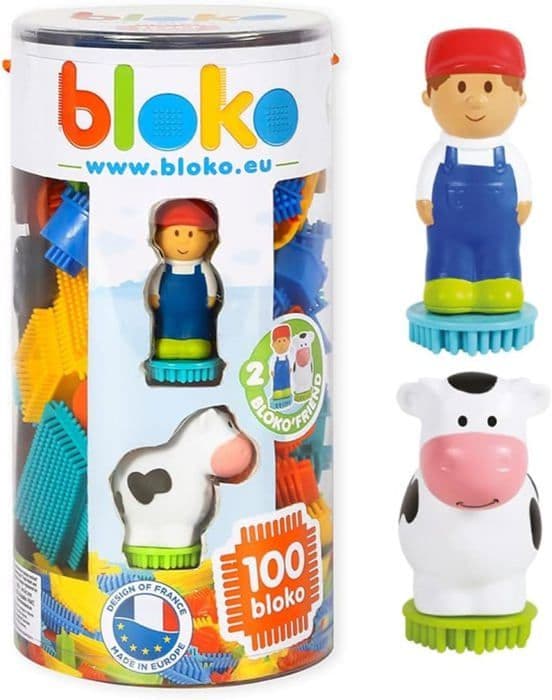 Bloko - 503662 - Rör med 100 stycken med 2 3D-gårdsfigurer - Från 12 månader - Tillverkad i Europa - Byggleksak för första åldern -