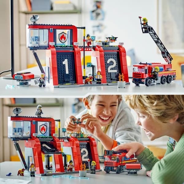 LEGO 60414 City Brandstation & Lastbil, Hundfigur & 5 Minifigurer, Barnpresent