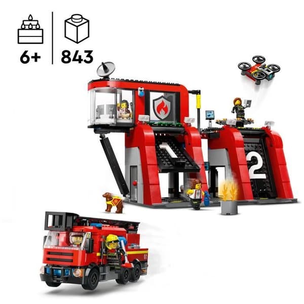 LEGO 60414 City Brandstation & Lastbil, Hundfigur & 5 Minifigurer, Barnpresent