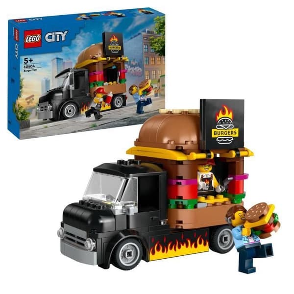 LEGO 60404 City Burger-ruokarekka, lava-autolelu, mielikuvitusleikkejä lava-autolla ja minihahmoilla