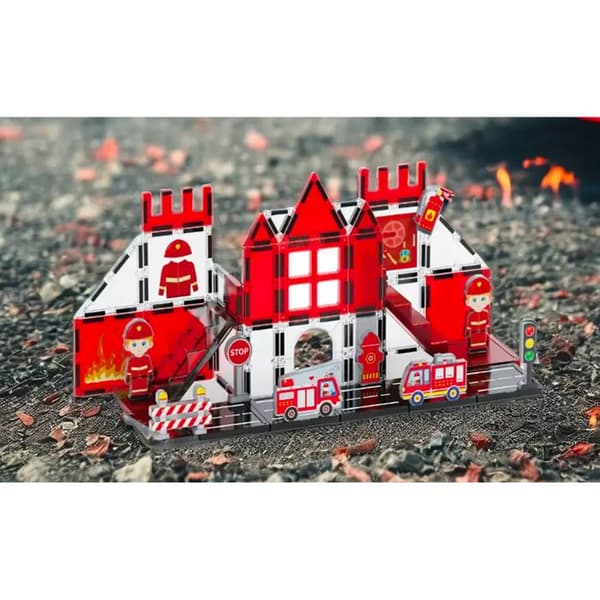 Magnetiskt byggspel för barn, brandmanstema, 48 delar, solid röd