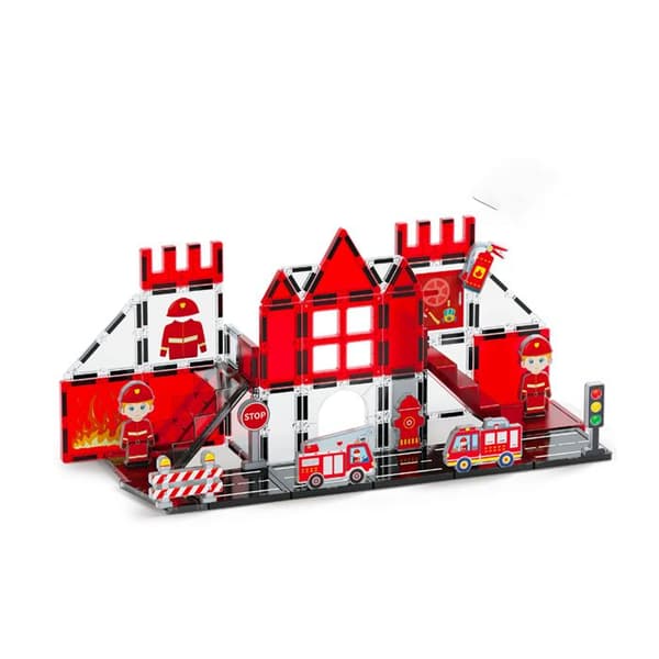 Magnetiskt byggspel för barn, brandmanstema, 48 delar, solid röd