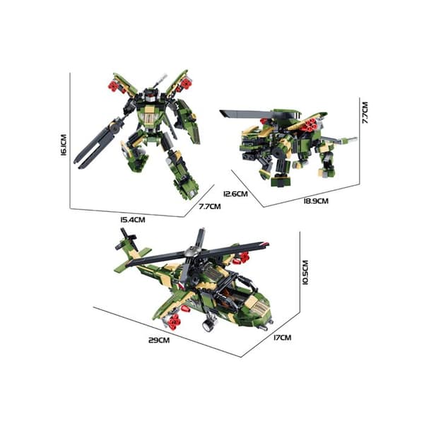 Byggsatser 3 i 1 Helikopter Militärrobot 451 Delar Transformable Grön