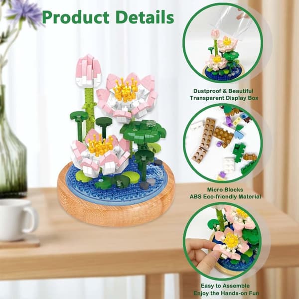 OBOSOE Pink Lotus Building Block Bouquet – Evig komposit dekoration til piger