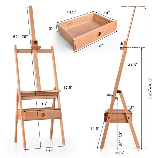 Konstnärsstaffli, 17x16.5x59.5-76.5 tum, Naturträ