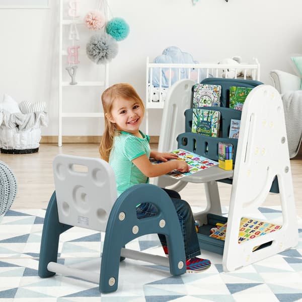 Børne Tavle Skrivebord Stol Sæt, 25x21x30-39 tommer, Blå