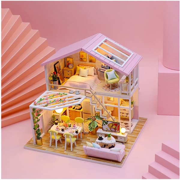 Maquette Rosa Hus DIY med LED-belysning och monterbara multikolor tillbehör