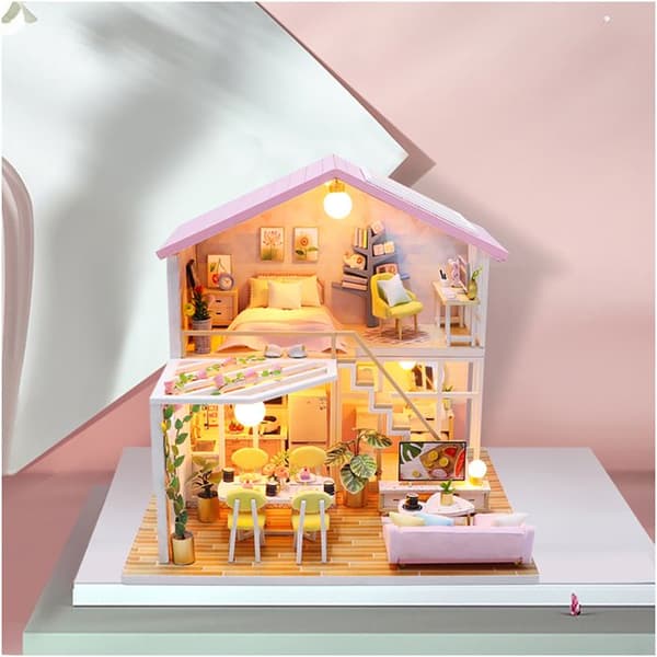 Maquette Rosa Hus DIY med LED-belysning och monterbara multikolor tillbehör