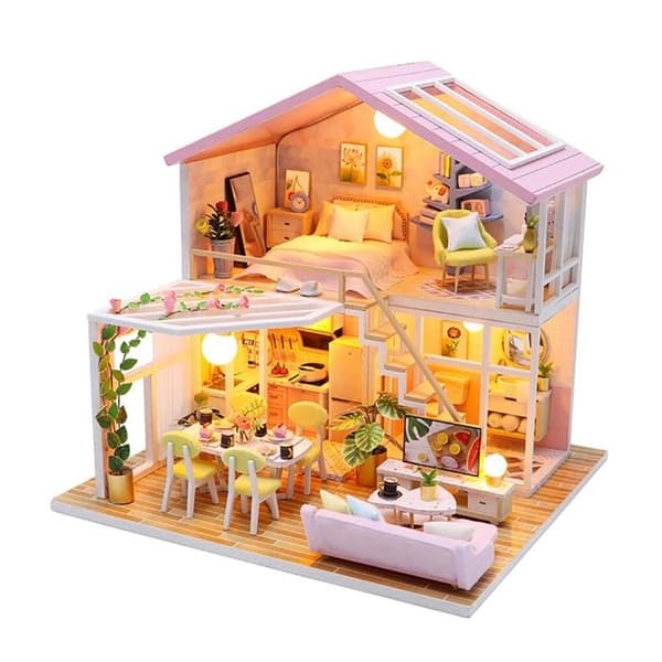 Maquette Rosa Hus DIY med LED-belysning och monterbara multikolor tillbehör