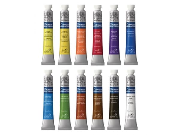 Winsor & Newton Cotman Watercolors, 8 ml, Svart, Blå, Grön, Lila, Röd, Vit, Gul, 12 styck